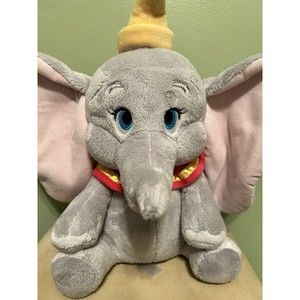 Disney Store Dumbo Elephant Plush Stuffed Animal Grey Red Collar Yellow Hat 14”